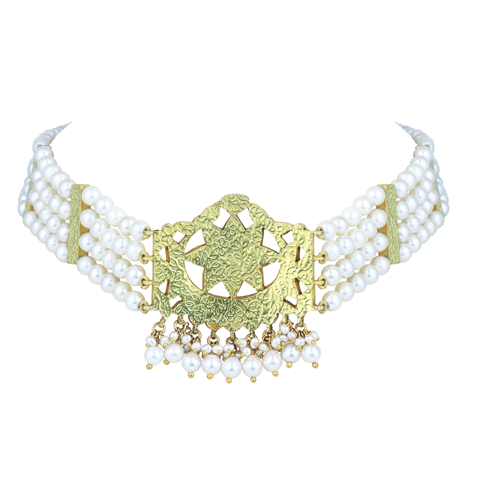 Polki Choker with Pearl Strands and Geometric Central Motif